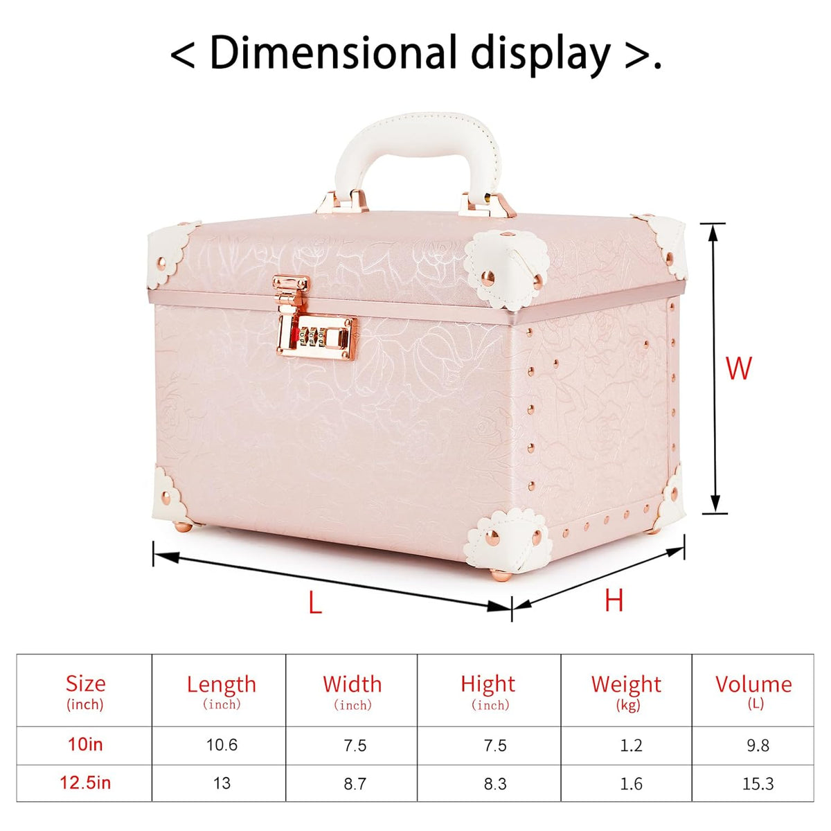 Vintage Makeup Train Case, Rose Gold Artificial Leather, Professional Cosmetic Storage Box with Metal Combination Lock, Desktop Organizer