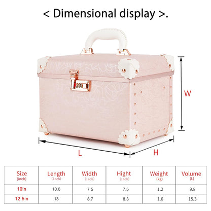 Vintage Makeup Train Case, Rose Gold Artificial Leather, Professional Cosmetic Storage Box with Metal Combination Lock, Desktop Organizer