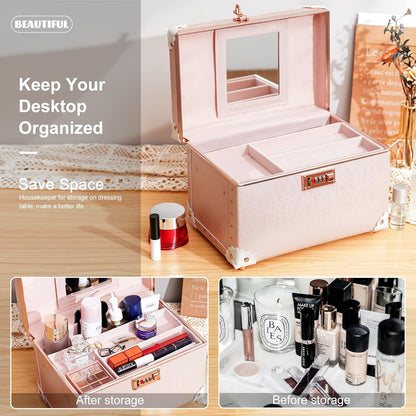 Vintage Makeup Train Case, Rose Gold Artificial Leather, Professional Cosmetic Storage Box with Metal Combination Lock, Desktop Organizer
