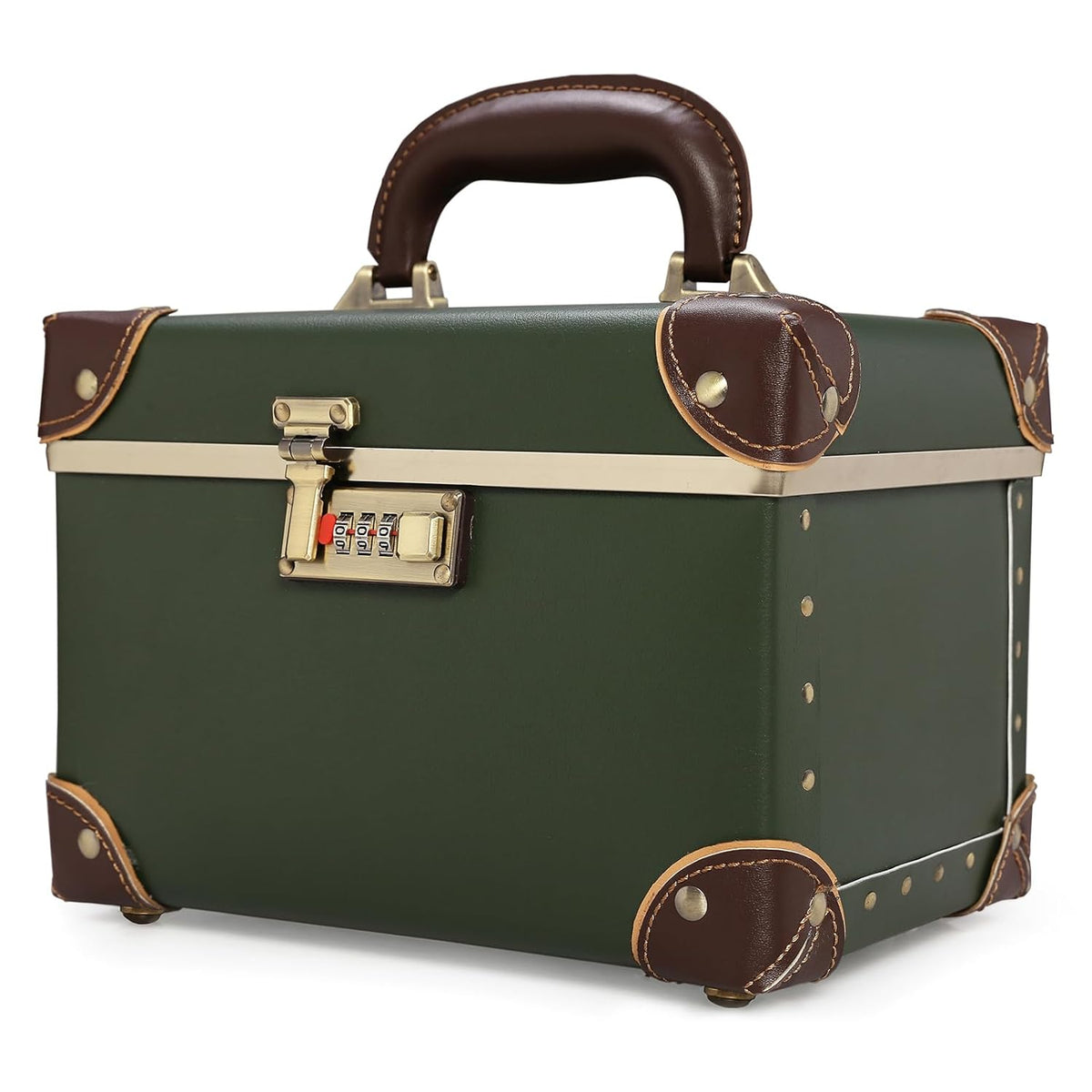 Vintage Makeup Train Case, Rose Gold Artificial Leather, Professional Cosmetic Storage Box with Metal Combination Lock, Desktop Organizer