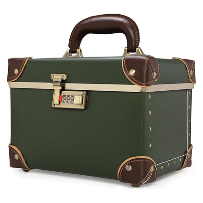 Vintage Makeup Train Case, Rose Gold Artificial Leather, Professional Cosmetic Storage Box with Metal Combination Lock, Desktop Organizer