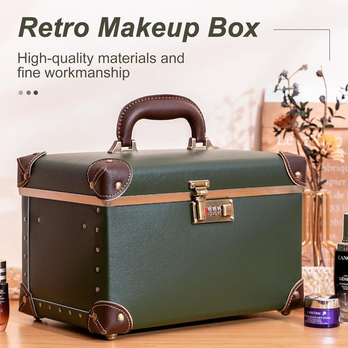 Vintage Makeup Train Case, Rose Gold Artificial Leather, Professional Cosmetic Storage Box with Metal Combination Lock, Desktop Organizer
