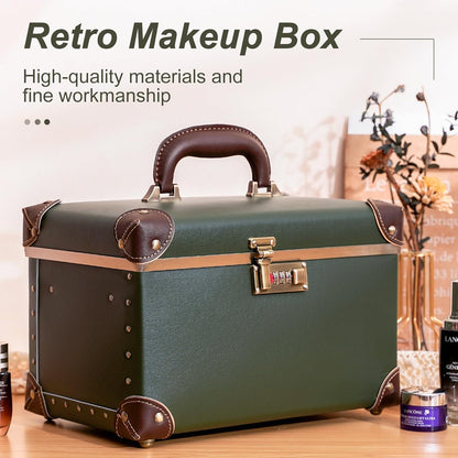 Vintage Makeup Train Case, Rose Gold Artificial Leather, Professional Cosmetic Storage Box with Metal Combination Lock, Desktop Organizer