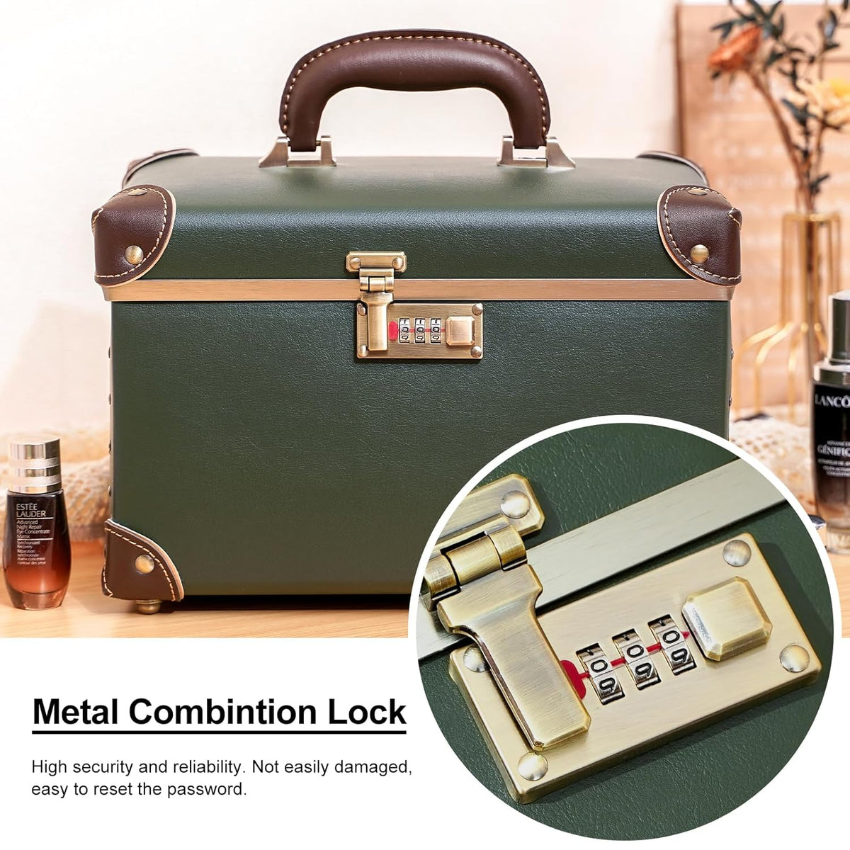 Vintage Makeup Train Case, Rose Gold Artificial Leather, Professional Cosmetic Storage Box with Metal Combination Lock, Desktop Organizer
