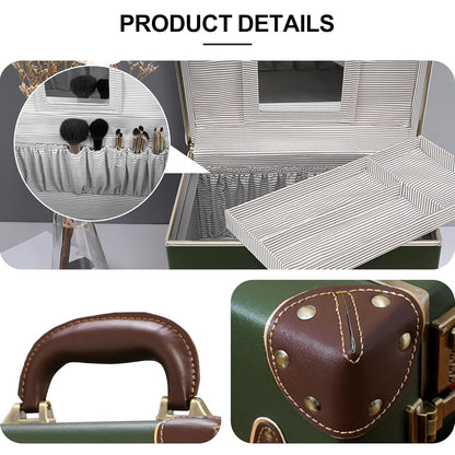 Vintage Makeup Train Case, Rose Gold Artificial Leather, Professional Cosmetic Storage Box with Metal Combination Lock, Desktop Organizer