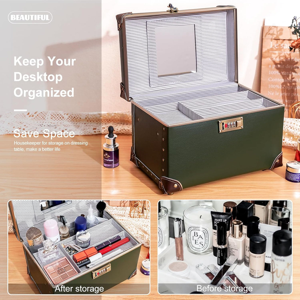 Vintage Makeup Train Case, Rose Gold Artificial Leather, Professional Cosmetic Storage Box with Metal Combination Lock, Desktop Organizer