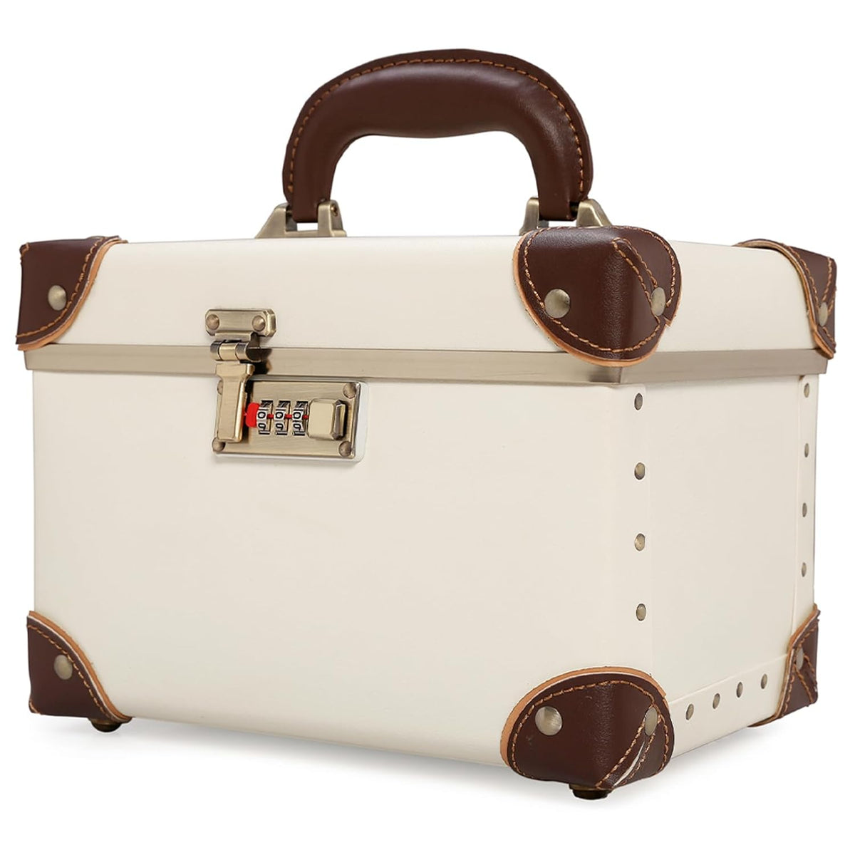 Vintage Makeup Train Case, Rose Gold Artificial Leather, Professional Cosmetic Storage Box with Metal Combination Lock, Desktop Organizer