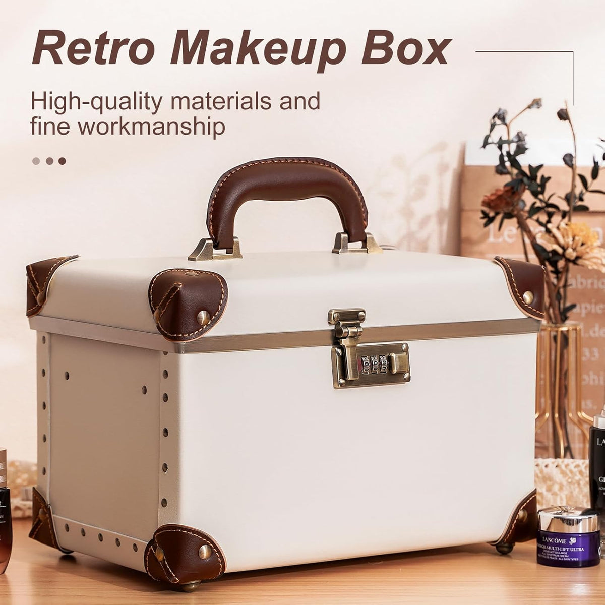 Vintage Makeup Train Case, Rose Gold Artificial Leather, Professional Cosmetic Storage Box with Metal Combination Lock, Desktop Organizer