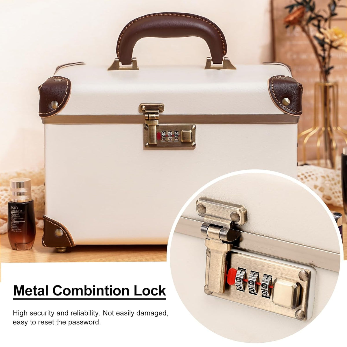 Vintage Makeup Train Case, Rose Gold Artificial Leather, Professional Cosmetic Storage Box with Metal Combination Lock, Desktop Organizer