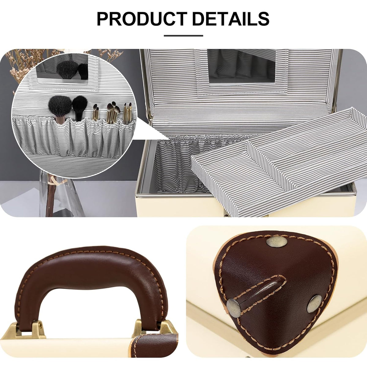 Vintage Makeup Train Case, Rose Gold Artificial Leather, Professional Cosmetic Storage Box with Metal Combination Lock, Desktop Organizer