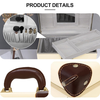Vintage Makeup Train Case, Rose Gold Artificial Leather, Professional Cosmetic Storage Box with Metal Combination Lock, Desktop Organizer