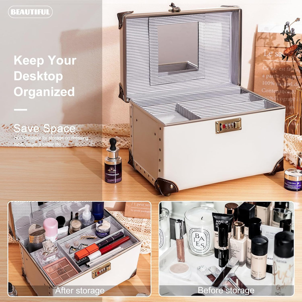 Vintage Makeup Train Case, Rose Gold Artificial Leather, Professional Cosmetic Storage Box with Metal Combination Lock, Desktop Organizer