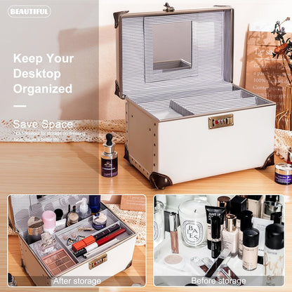 Vintage Makeup Train Case, Rose Gold Artificial Leather, Professional Cosmetic Storage Box with Metal Combination Lock, Desktop Organizer