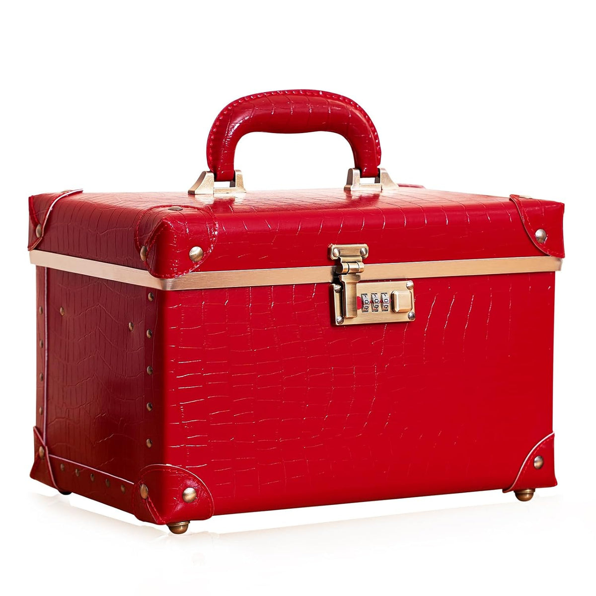Vintage Makeup Train Case, Rose Gold Artificial Leather, Professional Cosmetic Storage Box with Metal Combination Lock, Desktop Organizer