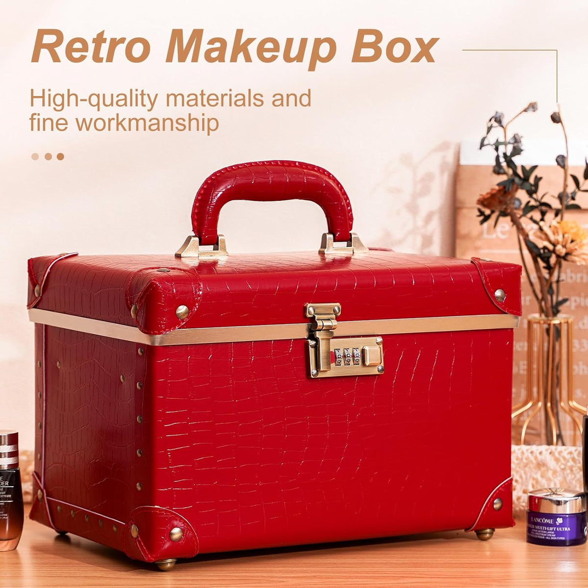 Vintage Makeup Train Case, Rose Gold Artificial Leather, Professional Cosmetic Storage Box with Metal Combination Lock, Desktop Organizer