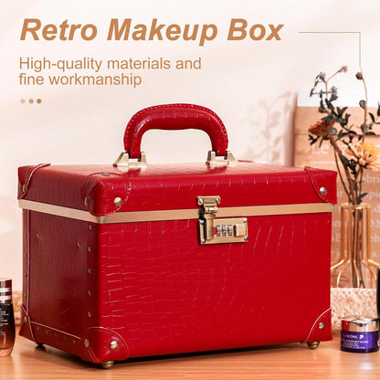 Vintage Makeup Train Case, Rose Gold Artificial Leather, Professional Cosmetic Storage Box with Metal Combination Lock, Desktop Organizer