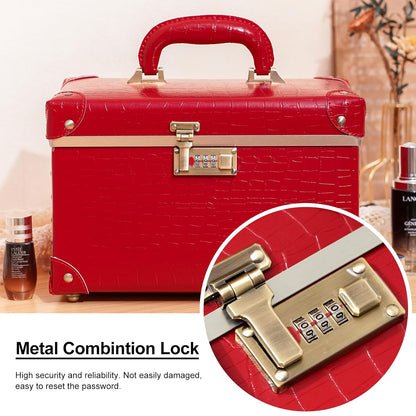 Vintage Makeup Train Case, Rose Gold Artificial Leather, Professional Cosmetic Storage Box with Metal Combination Lock, Desktop Organizer