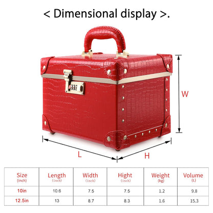 Vintage Makeup Train Case, Rose Gold Artificial Leather, Professional Cosmetic Storage Box with Metal Combination Lock, Desktop Organizer