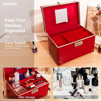 Vintage Makeup Train Case, Rose Gold Artificial Leather, Professional Cosmetic Storage Box with Metal Combination Lock, Desktop Organizer
