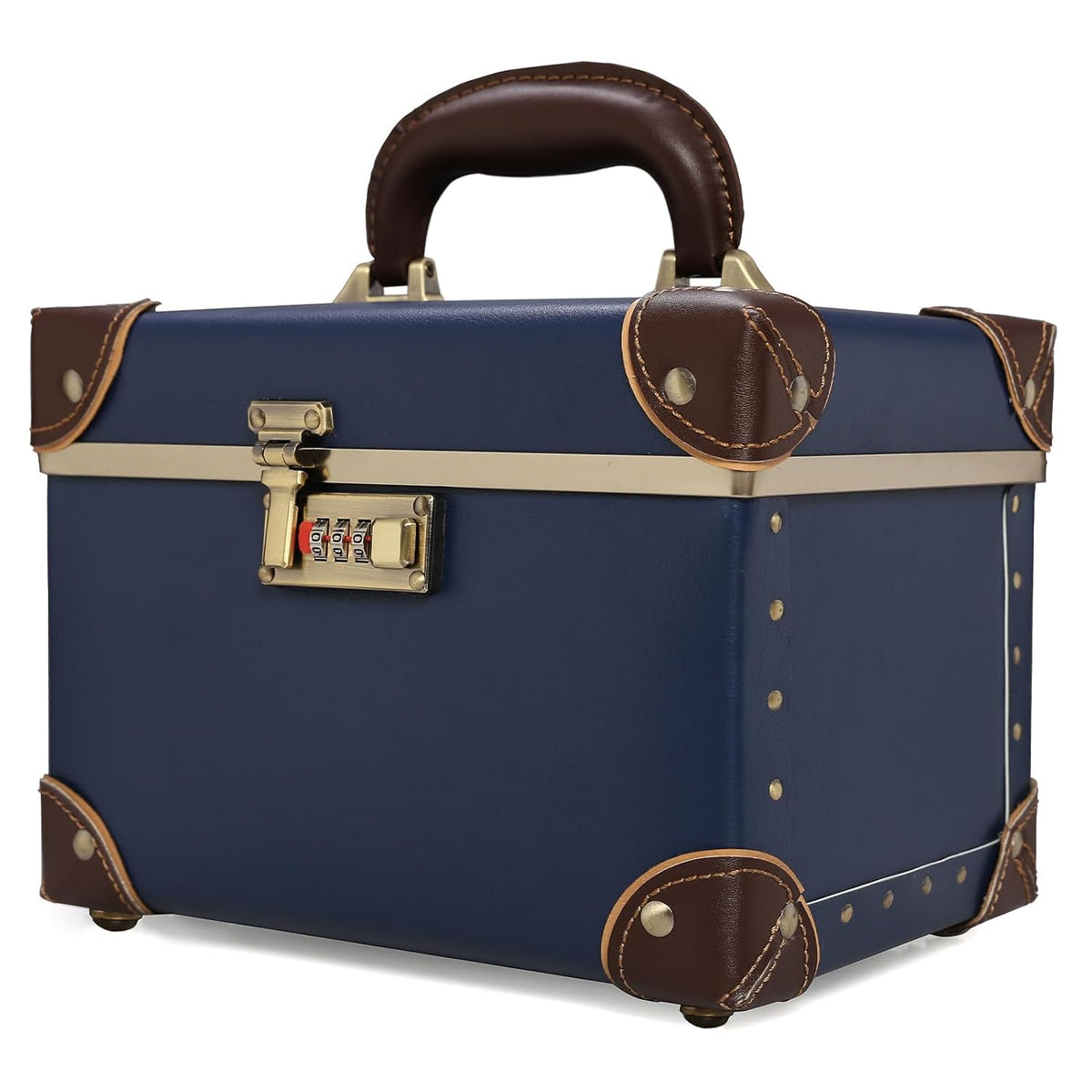 Vintage Makeup Train Case, Rose Gold Artificial Leather, Professional Cosmetic Storage Box with Metal Combination Lock, Desktop Organizer