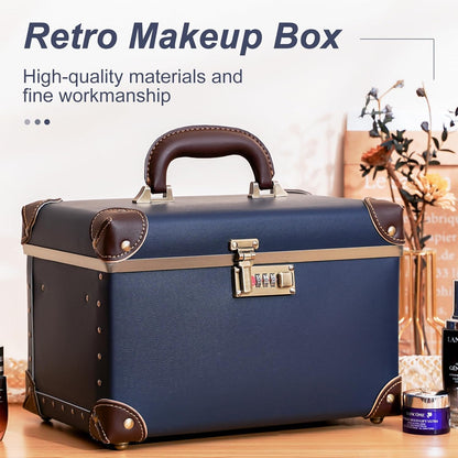 Vintage Makeup Train Case, Rose Gold Artificial Leather, Professional Cosmetic Storage Box with Metal Combination Lock, Desktop Organizer