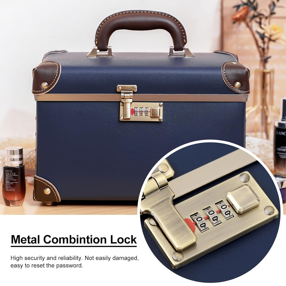Vintage Makeup Train Case, Rose Gold Artificial Leather, Professional Cosmetic Storage Box with Metal Combination Lock, Desktop Organizer