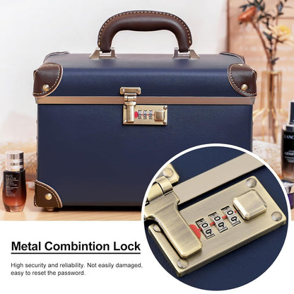 Vintage Makeup Train Case, Rose Gold Artificial Leather, Professional Cosmetic Storage Box with Metal Combination Lock, Desktop Organizer