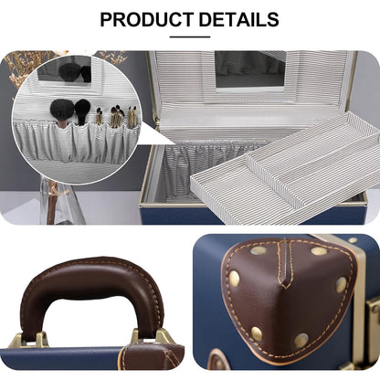 Vintage Makeup Train Case, Rose Gold Artificial Leather, Professional Cosmetic Storage Box with Metal Combination Lock, Desktop Organizer