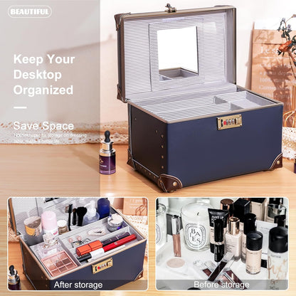 Vintage Makeup Train Case, Rose Gold Artificial Leather, Professional Cosmetic Storage Box with Metal Combination Lock, Desktop Organizer