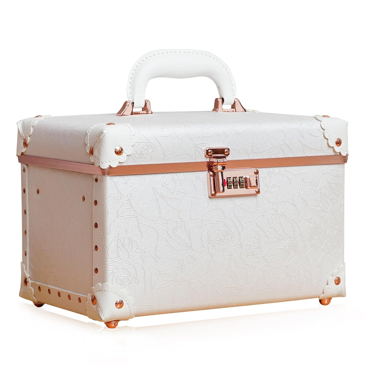 Vintage Makeup Train Case, Rose Gold Artificial Leather, Professional Cosmetic Storage Box with Metal Combination Lock, Desktop Organizer