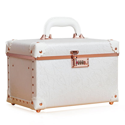 Vintage Makeup Train Case, Rose Gold Artificial Leather, Professional Cosmetic Storage Box with Metal Combination Lock, Desktop Organizer