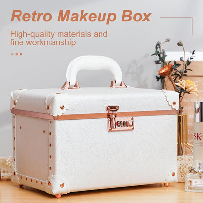 Vintage Makeup Train Case, Rose Gold Artificial Leather, Professional Cosmetic Storage Box with Metal Combination Lock, Desktop Organizer