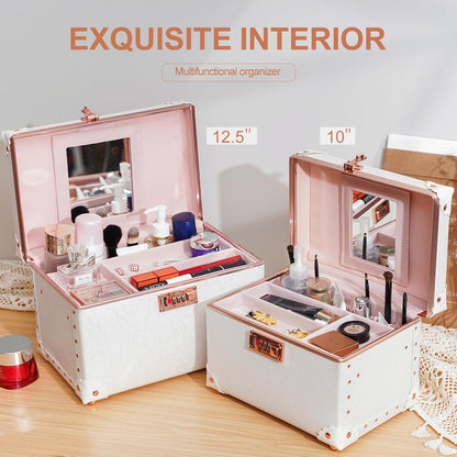 Vintage Makeup Train Case, Rose Gold Artificial Leather, Professional Cosmetic Storage Box with Metal Combination Lock, Desktop Organizer