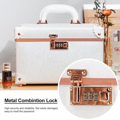 Vintage Makeup Train Case, Rose Gold Artificial Leather, Professional Cosmetic Storage Box with Metal Combination Lock, Desktop Organizer