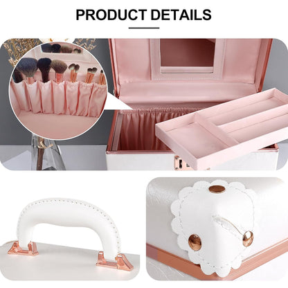 Vintage Makeup Train Case, Rose Gold Artificial Leather, Professional Cosmetic Storage Box with Metal Combination Lock, Desktop Organizer