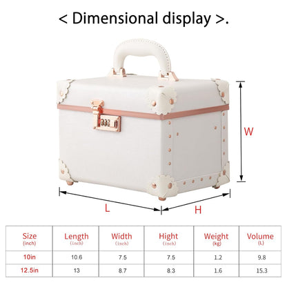 Vintage Makeup Train Case, Rose Gold Artificial Leather, Professional Cosmetic Storage Box with Metal Combination Lock, Desktop Organizer