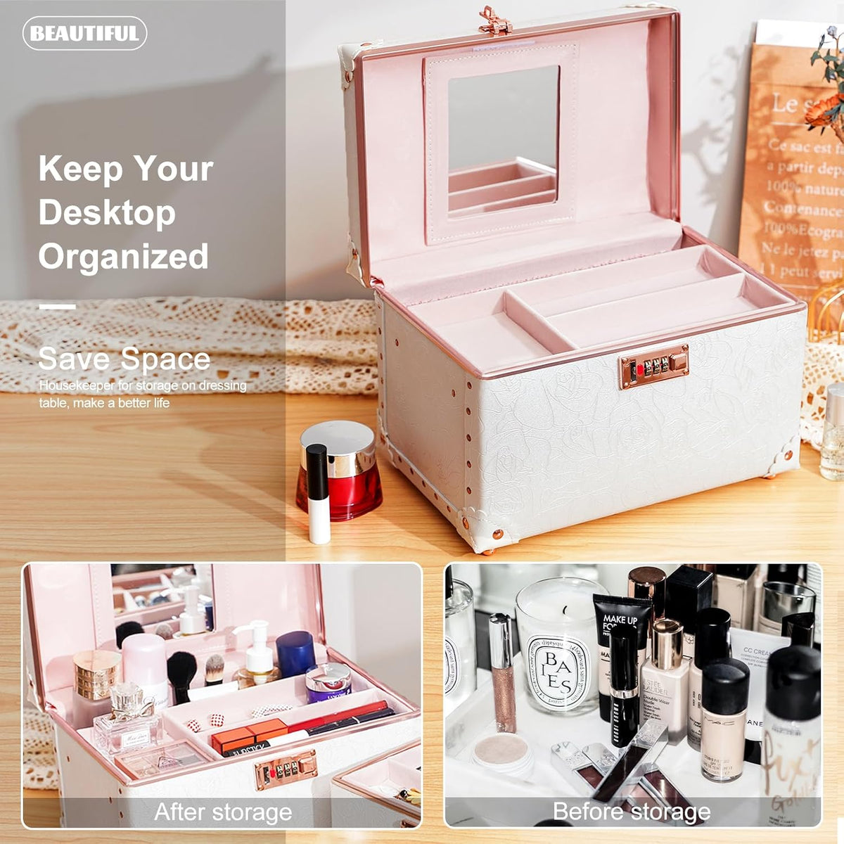 Vintage Makeup Train Case, Rose Gold Artificial Leather, Professional Cosmetic Storage Box with Metal Combination Lock, Desktop Organizer