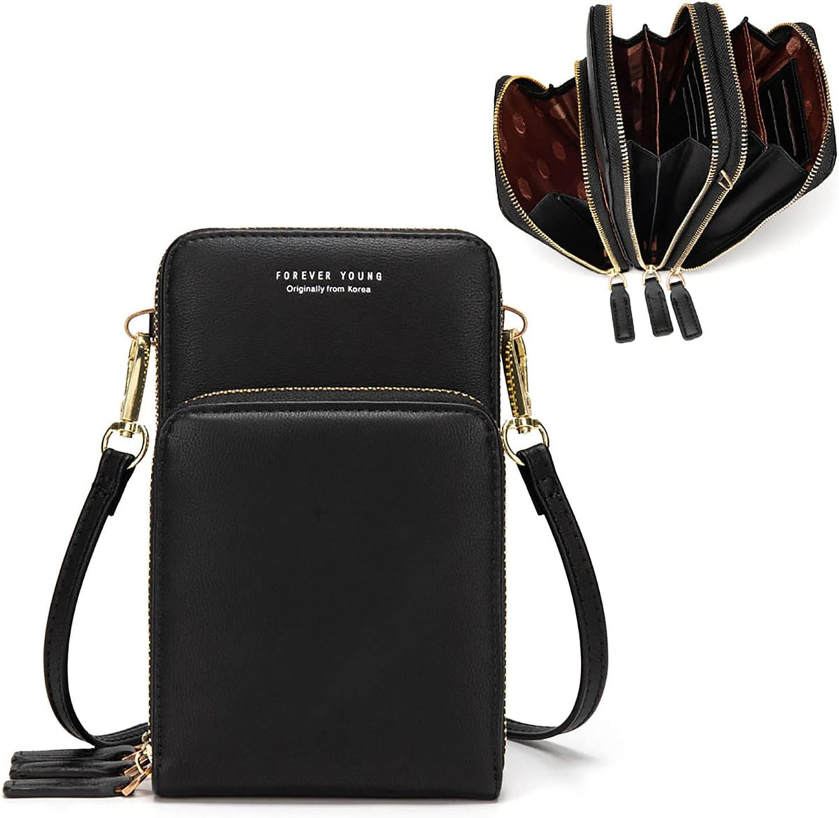Small Cell Phone Crossbody Bag, Multi-pocket & 6 Card Slots | 6 card slots, multi-pocket zipper layout and soft synthetic leather keep phone, lipstick, coins and keys ready outdoors