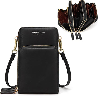 Small Cell Phone Crossbody Bag, Multi-pocket & 6 Card Slots | 6 card slots, multi-pocket zipper layout and soft synthetic leather keep phone, lipstick, coins and keys ready outdoors