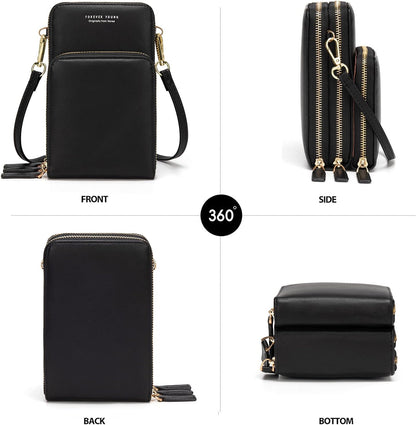 Small Cell Phone Crossbody Bag, Multi-pocket & 6 Card Slots | 6 card slots, multi-pocket zipper layout and soft synthetic leather keep phone, lipstick, coins and keys ready outdoors