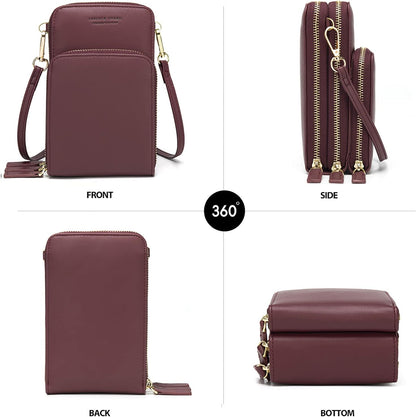 Small Cell Phone Crossbody Bag, Multi-pocket & 6 Card Slots | 6 card slots, multi-pocket zipper layout and soft synthetic leather keep phone, lipstick, coins and keys ready outdoors