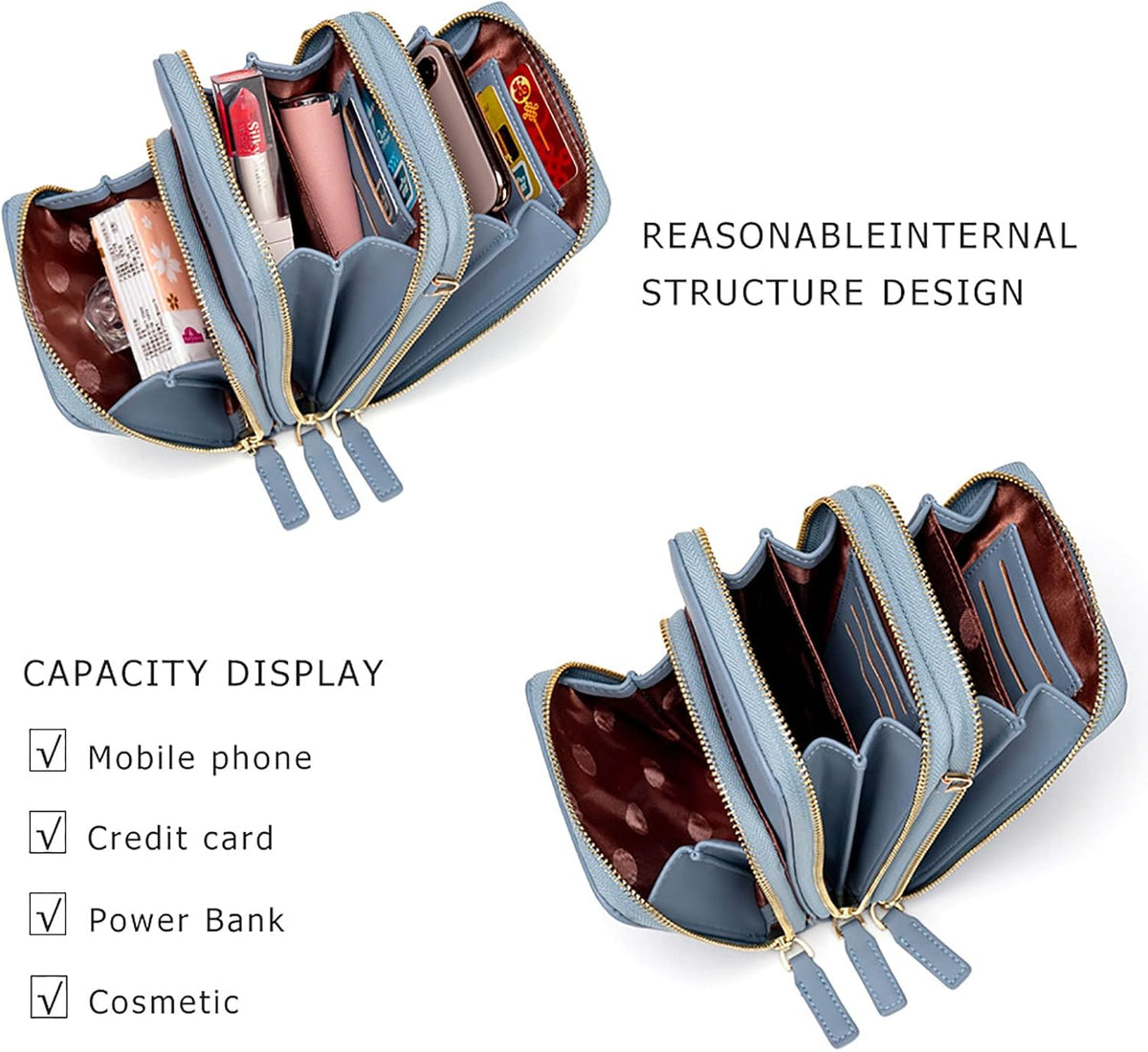 Small Cell Phone Crossbody Bag, Multi-pocket & 6 Card Slots | 6 card slots, multi-pocket zipper layout and soft synthetic leather keep phone, lipstick, coins and keys ready outdoors