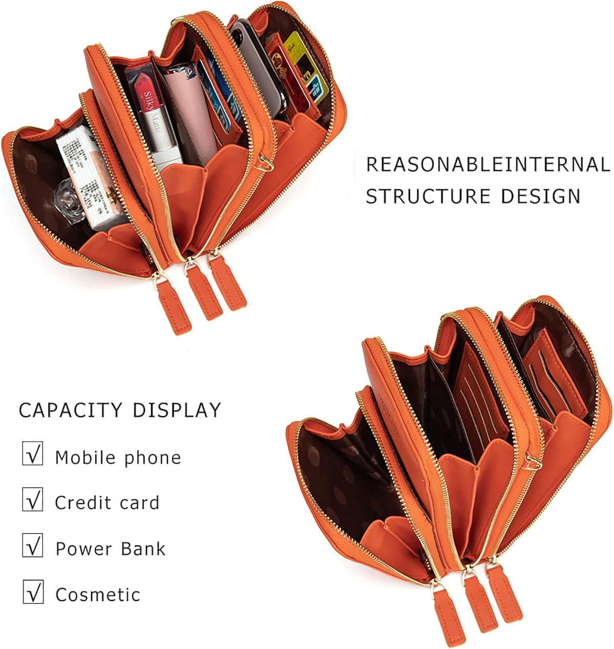 Small Cell Phone Crossbody Bag, Multi-pocket & 6 Card Slots | 6 card slots, multi-pocket zipper layout and soft synthetic leather keep phone, lipstick, coins and keys ready outdoors