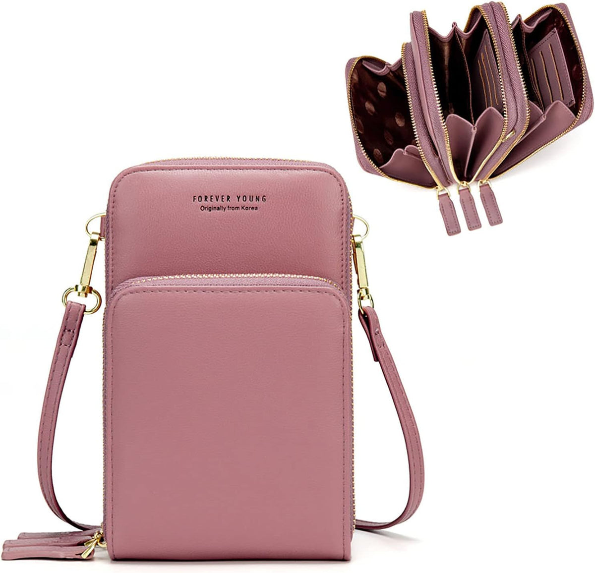Small Cell Phone Crossbody Bag, Multi-pocket & 6 Card Slots | 6 card slots, multi-pocket zipper layout and soft synthetic leather keep phone, lipstick, coins and keys ready outdoors