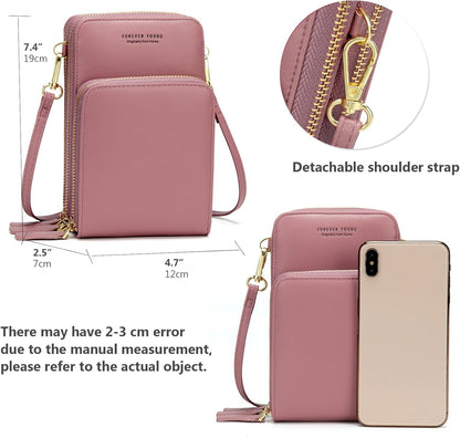 Small Cell Phone Crossbody Bag, Multi-pocket & 6 Card Slots | 6 card slots, multi-pocket zipper layout and soft synthetic leather keep phone, lipstick, coins and keys ready outdoors