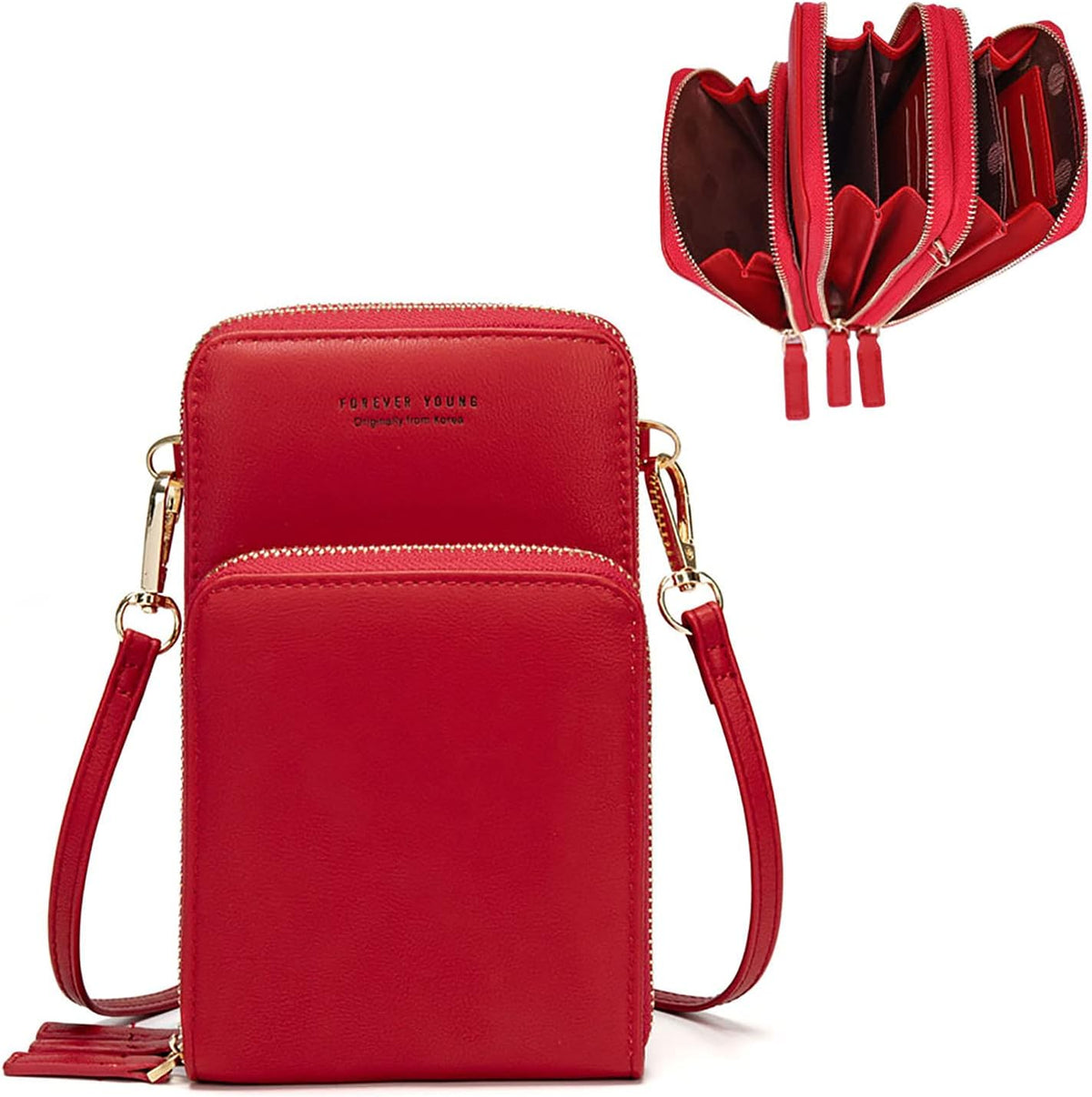 Small Cell Phone Crossbody Bag, Multi-pocket & 6 Card Slots | 6 card slots, multi-pocket zipper layout and soft synthetic leather keep phone, lipstick, coins and keys ready outdoors