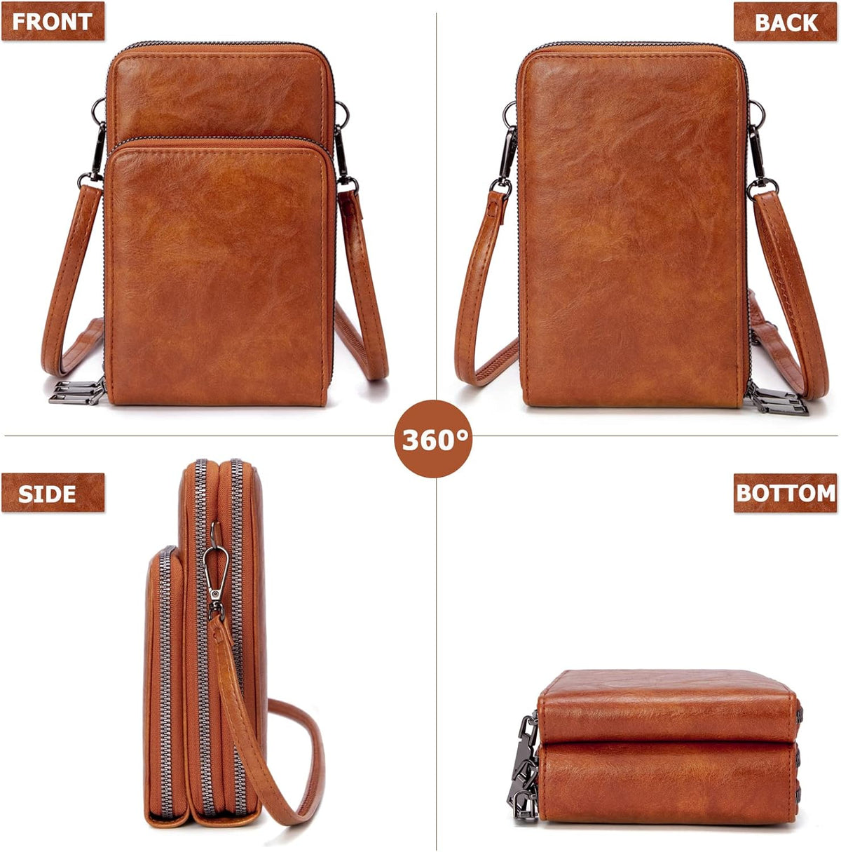 Small Cell Phone Crossbody Bag, Multi-pocket & 6 Card Slots | 6 card slots, multi-pocket zipper layout and soft synthetic leather keep phone, lipstick, coins and keys ready outdoors