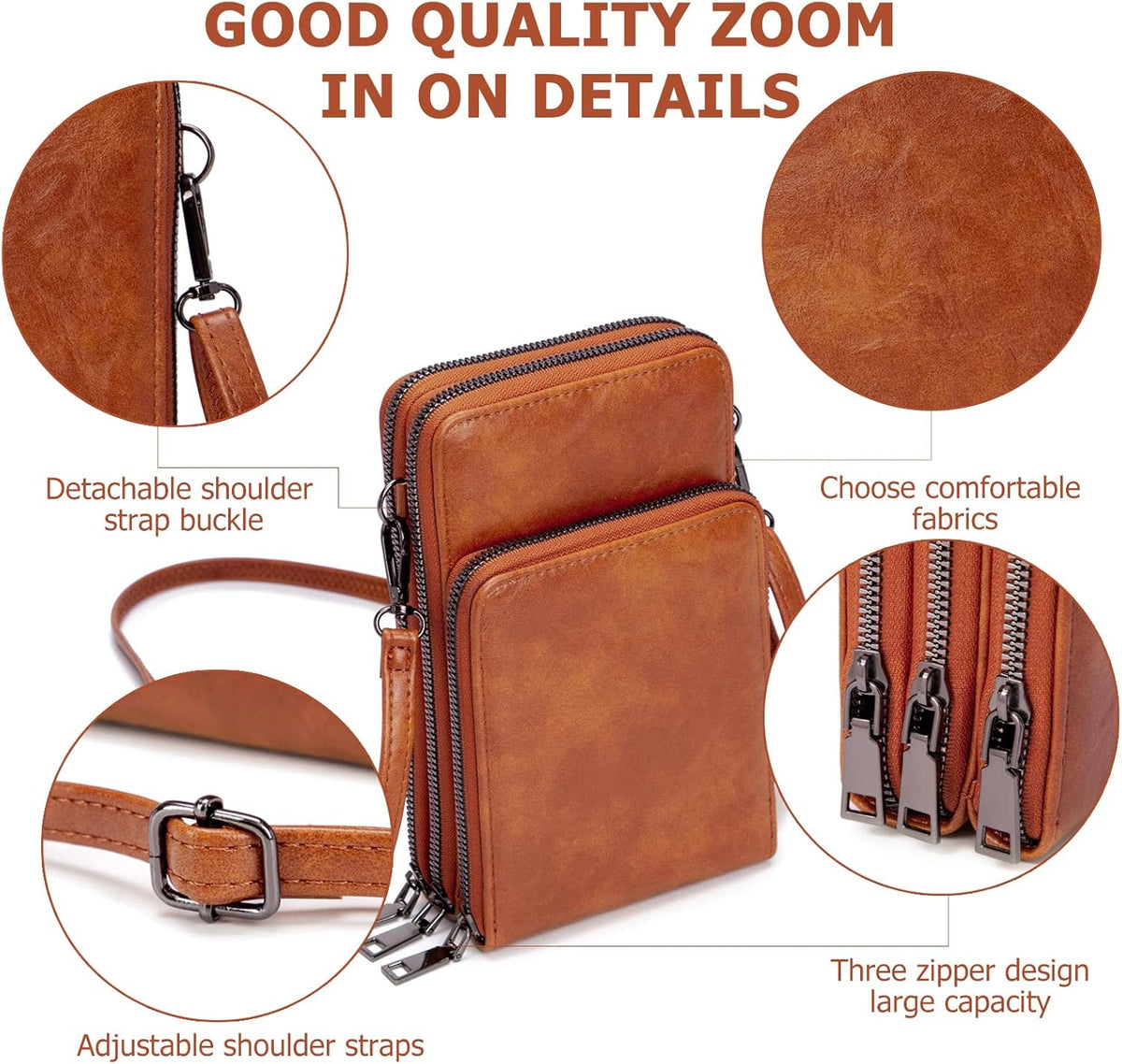 Small Cell Phone Crossbody Bag, Multi-pocket & 6 Card Slots | 6 card slots, multi-pocket zipper layout and soft synthetic leather keep phone, lipstick, coins and keys ready outdoors