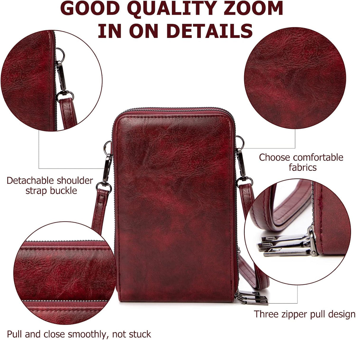 Small Cell Phone Crossbody Bag, Multi-pocket & 6 Card Slots | 6 card slots, multi-pocket zipper layout and soft synthetic leather keep phone, lipstick, coins and keys ready outdoors