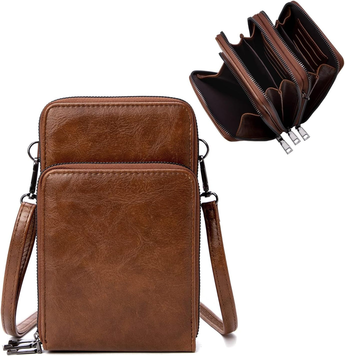 Small Cell Phone Crossbody Bag, Multi-pocket & 6 Card Slots | 6 card slots, multi-pocket zipper layout and soft synthetic leather keep phone, lipstick, coins and keys ready outdoors